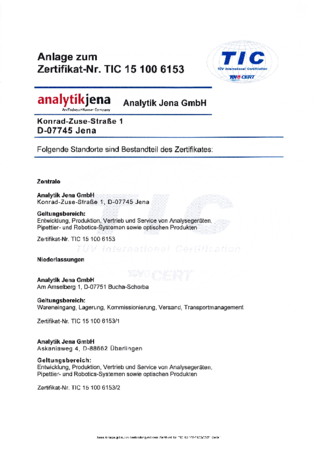 ISO Certificate 9001:2015 Analytik Jena GmbH – Central Office Locations appendix (German)