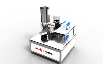 Overhead view of an extended fully automated configuration of a MALDI sample prep workstation with CyBio Well Vario 1536