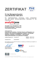 ISO Zertifikat 14001:2015 Analytik Jena GmbH+Co. KG (Deutsch)
