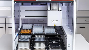 CyBio FeliX with Promega Adapter labware on the deck