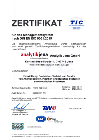 ISO Certificate 9001:2015 Analytik Jena GmbH (German)
